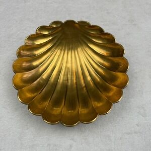 Vintage Brass Scallop Shell Coin Dish Trinket Jewelry Vanity Decor